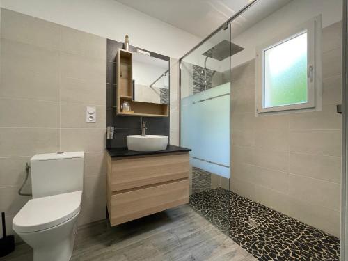 a bathroom with a toilet and a sink and a window at Villa de charme 4 étoiles avec piscine privée et clim 8 pers près du lac de Parentis in Parentis-en-Born