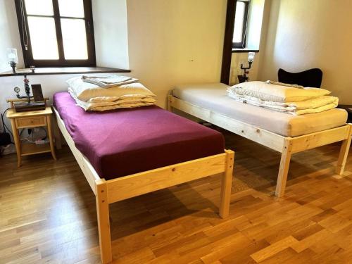 two twin beds in a room with wooden floors at Ferienwohnung Penzlin im Rittergut Leppersdorf in Leppersdorf