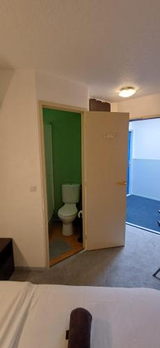 a bathroom with a toilet and a green wall at Class-Hôtel in Poitiers