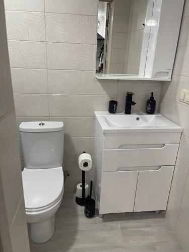 a white bathroom with a toilet and a sink at Дача у моря-2 in Vapnyarka