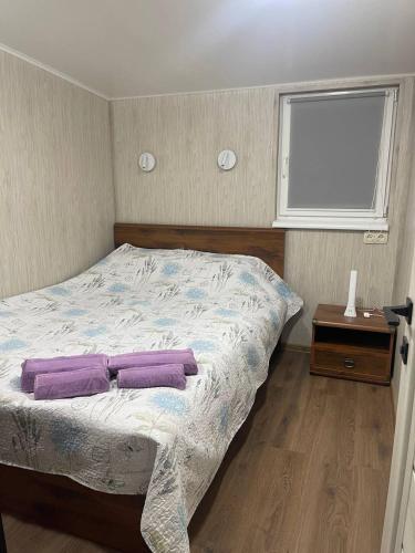 a bedroom with a bed with purple pillows on it at Дача у моря-2 in Vapnyarka
