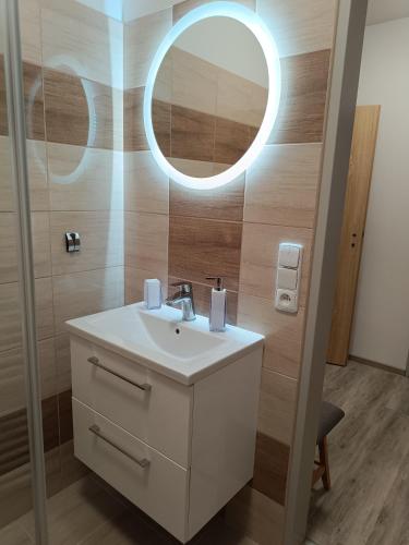a bathroom with a sink and a mirror at Ubytování Krucemburk in Křížová