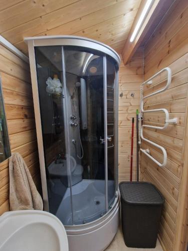 a bathroom with a shower in a wooden room at Osīšu Priežu māja in Ķesterciems