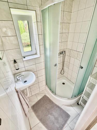 a bathroom with a sink and a shower at Chaloupka Všemily in Jetřichovice