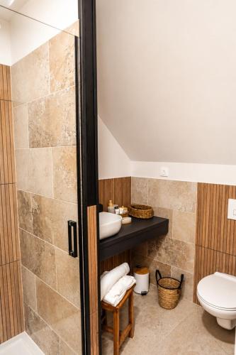 a bathroom with a shower and a sink at Le Grenier - Air conditioning - Free parking in Nogent-sur-Vernisson