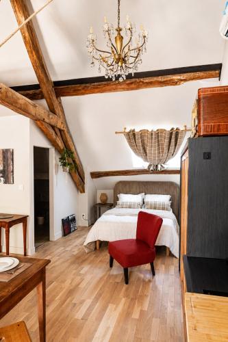 a bedroom with a bed and a chandelier at Le Grenier - Air conditioning - Free parking in Nogent-sur-Vernisson
