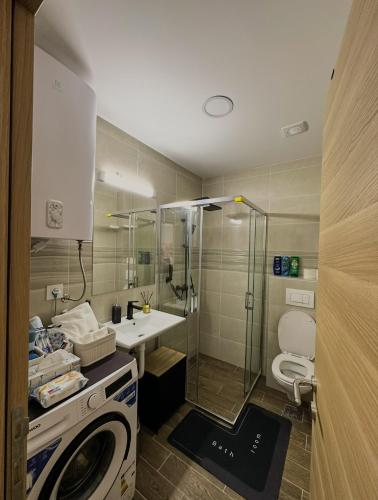 a bathroom with a shower and a washing machine at Apartman Mario in Čačak