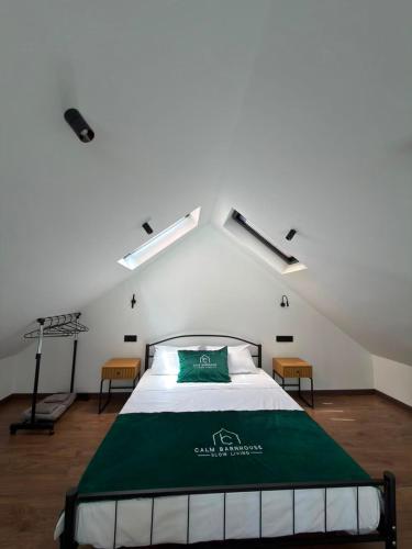 a bedroom with a bed with a green blanket on it at Calm Barnhouse Lankaran in Lankaran