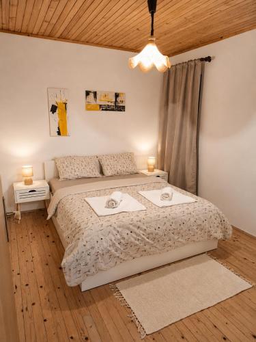 a bedroom with two beds in a room with a wooden ceiling at Hiža Bili in Svetvinčenat