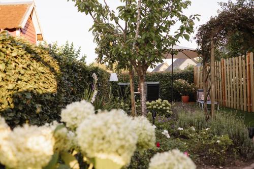 ein Garten mit weißen Blumen und einem Zaun in der Unterkunft Schöne Lage in Lage