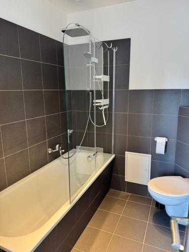 a bathroom with a shower and a tub and a toilet at Wohnen am Prenzlauer Tor in Pasewalk