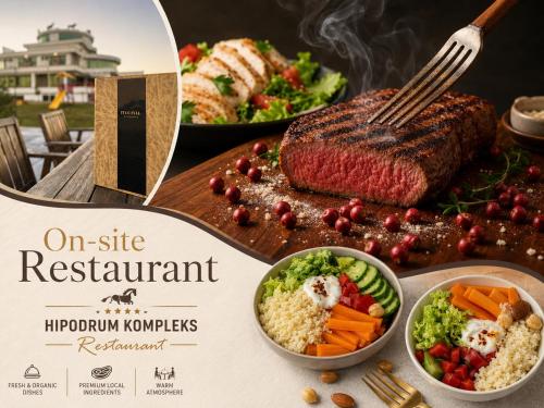 a sign with a steak and vegetables on a table at Hipodrum Kompleks in Suharekë