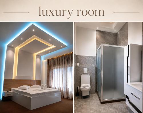 two pictures of a bathroom with a bed and a toilet at Hipodrum Kompleks in Suharekë