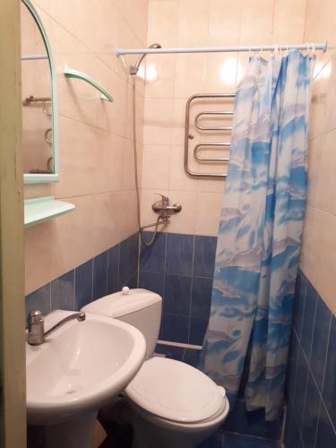 a bathroom with a toilet and a sink and a shower at Sea Panorama in Karolino-Buhaz