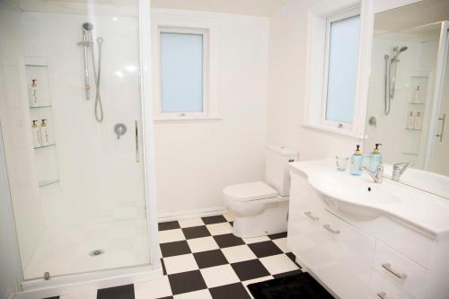 a bathroom with a sink and a shower and a toilet at Cath's cottage in Diamond Harbour