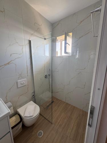 a bathroom with a toilet and a glass shower at Villa Dedi ,Borsh in Vane