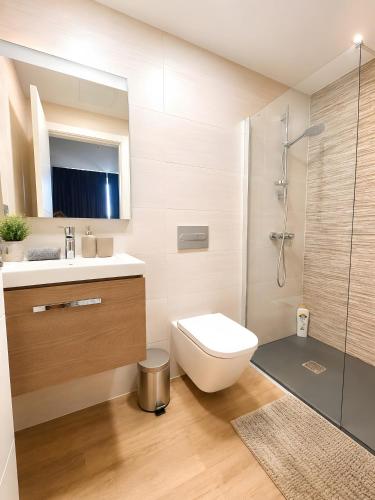 a bathroom with a toilet and a sink and a shower at Exceptional Villa With Pool in Villaverde