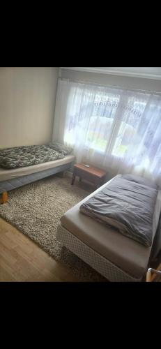 two beds in a bedroom with a window at Apartament in Sykkylven
