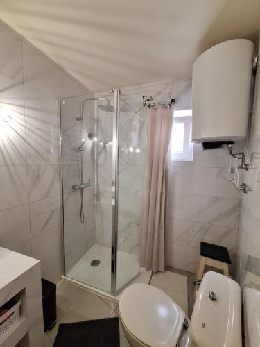a bathroom with a shower and a white toilet at Casa 3 Chamines in Vila Alva
