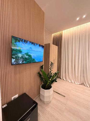 a living room with a tv and a potted plant at Todo Luxury Suites in Durrës