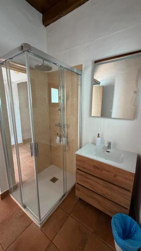 a bathroom with a shower and a sink at Apartamentos Violante in Tuineje