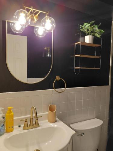 a bathroom with a sink and a mirror and a toilet at LAKEFRONT CHALET in THE BURCHES in Tobyhanna