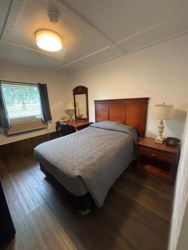 a bedroom with a bed and a lamp and a window at Martin House Motel in Brookfield