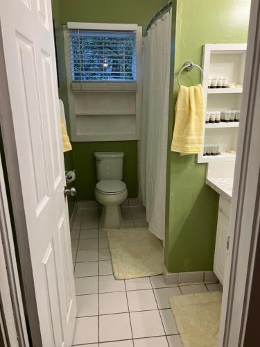a green bathroom with a toilet and a window at Cute 2 bedroom home ! in Augusta