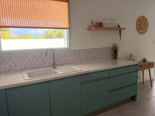 a kitchen with a sink and a window at Villa de charme à Matoury in Matoury