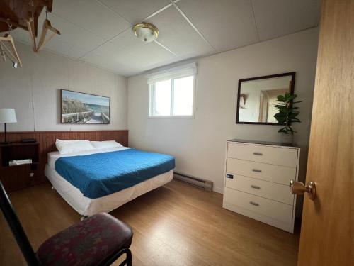 a bedroom with a bed and a dresser and a window at Complexe Cap-Chat in Cap-Chat