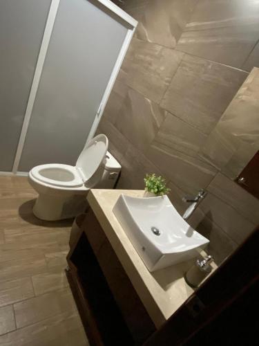 a bathroom with a white toilet and a sink at AdHeDiLe & GIACAHER in Guadalupe
