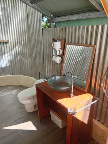 a bathroom with a sink and a toilet and a mirror at GuanaGlamp in Tamarindo