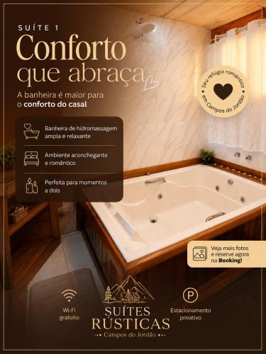 a poster of a bath tub in a bathroom at Suítes Rústicas Campos do Jordão - Com banheira de hidromassagem in Campos do Jordão