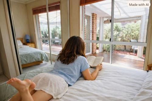 a woman laying on a bed reading a book at Canberra Stylish Escape in Harrison