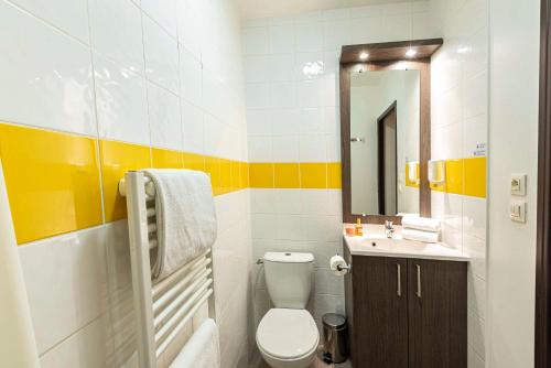a bathroom with a toilet and a sink and a mirror at Comfort Aparthotel Nimes Centre in Nîmes