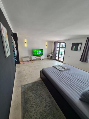 a bedroom with a large bed and a flat screen tv at Rabat hassan in Rabat