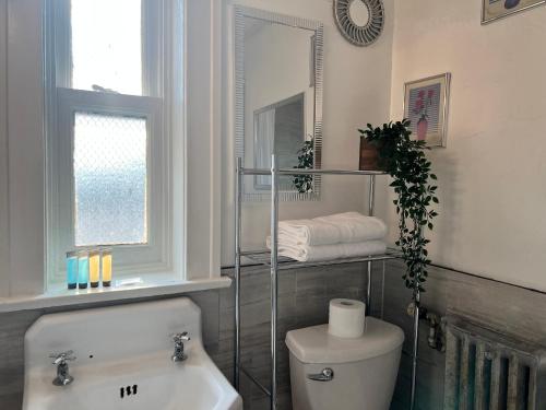 a bathroom with a toilet and a sink and a mirror at Grand Union Hotel in Coleman