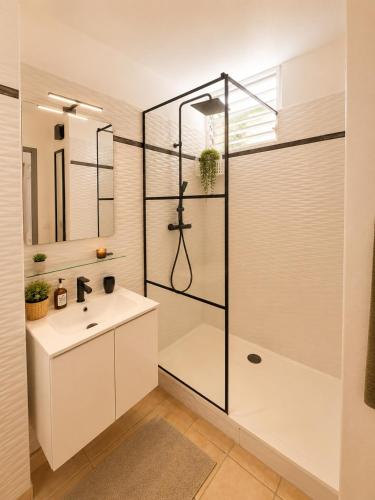 a bathroom with a shower and a sink at Le Cocon de Mont-Vert in Le Robert