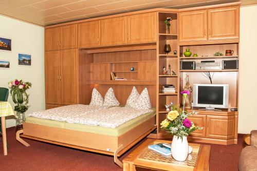 ein Schlafzimmer mit einem Bett und einem TV in einem Zimmer in der Unterkunft Ferienwohnung Henker in Bad Schandau