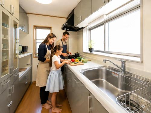 a group of people standing in a kitchen preparing food at Villa Lotus in Kamakura