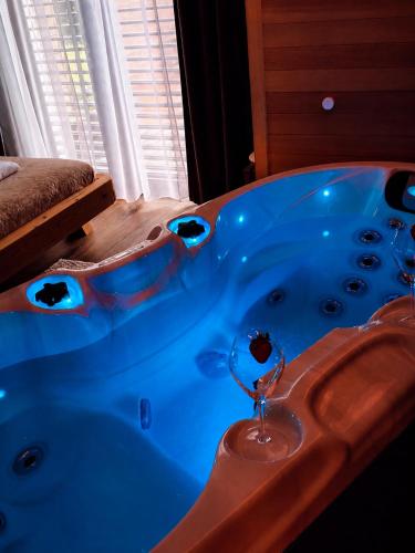 a blue tub in a room with a window at Srnčí vrch in Batňovice