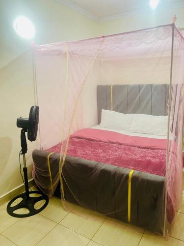 a bed with a canopy in a room with a camera at Haven one bedroom in Busia