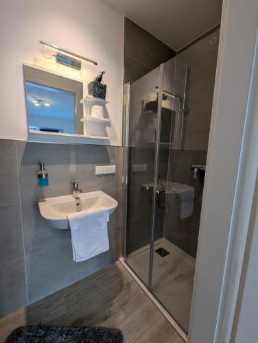 a bathroom with a sink and a shower at Nathalie in Bad Vilbel