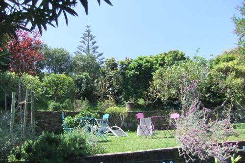 a garden with chairs and tables in the grass at Hôtel U Pozzu in Sisco