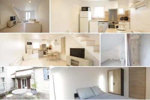 a collage of photos of a kitchen and a living room at Le Petit Canivet in Cerny