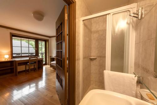 a bathroom with a shower and a sink at Karami Mountainhouse in Tržič