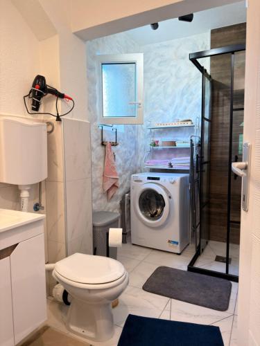 a bathroom with a toilet and a washing machine at Kuca za odmor SONATA in Biserske Kuće