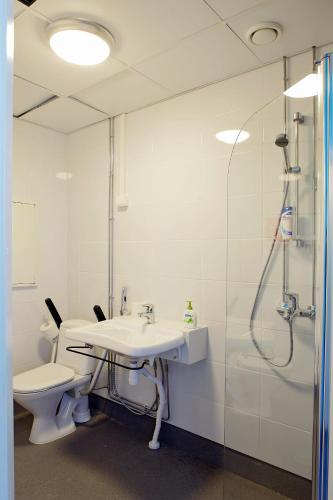 a bathroom with a shower and a sink and a toilet at CheapSleep Hostel Helsinki in Helsinki