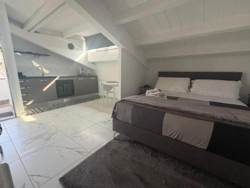 a bedroom with a large bed and a kitchen at Capitani Guest House in Fiumicino