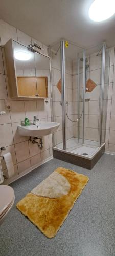 a bathroom with a sink and a shower and a rug at Ferienwohnung HEIDI in Donauwörth